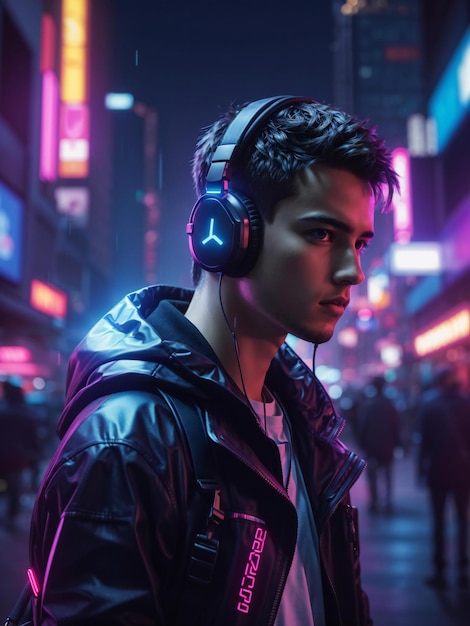 a young man wears headphones while walking down a street