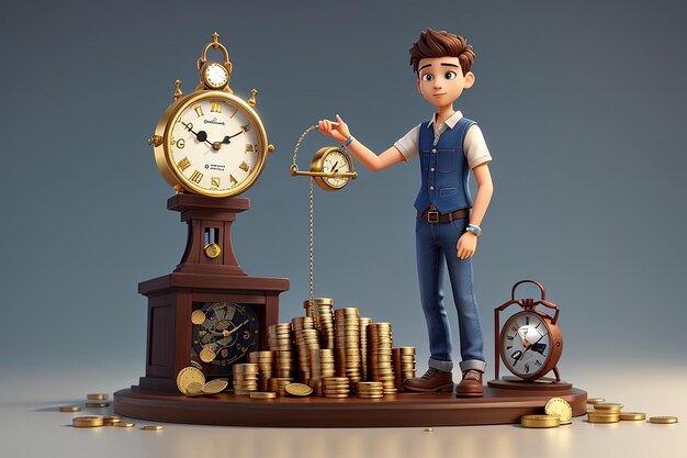 Young man weighing coins and clock 3d character illustration