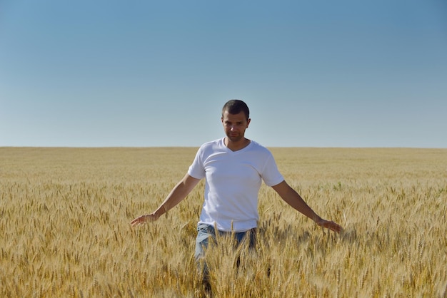 성공 농업과 자유 개념을 나타내는 밀밭에서 젊은 남자