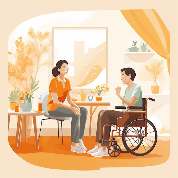 Young man in wheelchair talking with nurse at home flat illustration