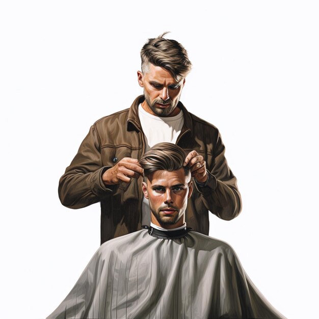 Photo a young man while getting a modern haircut with a professional male barber isolated white background