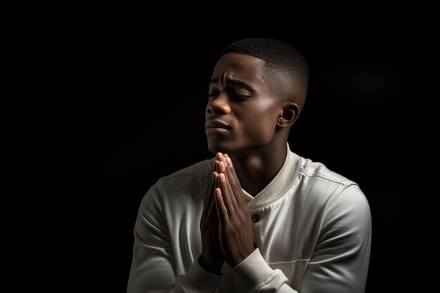 Photo young man whispering prayer dark background