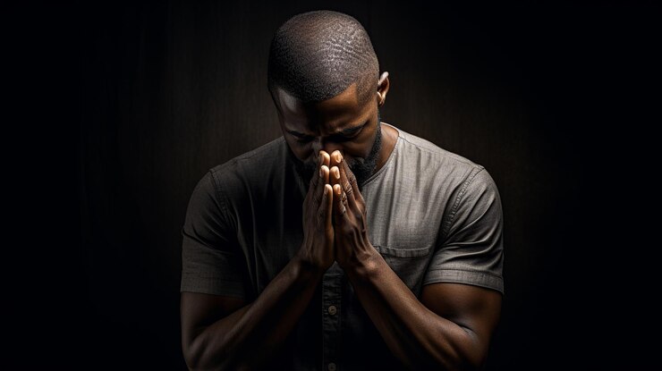 Young Man Whispering Prayer Dark Background