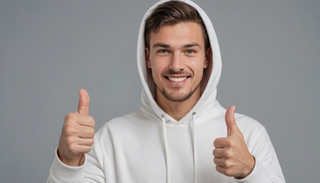 A young man in a white hoodie smiling and giving two thumbs up represents positivity and approval