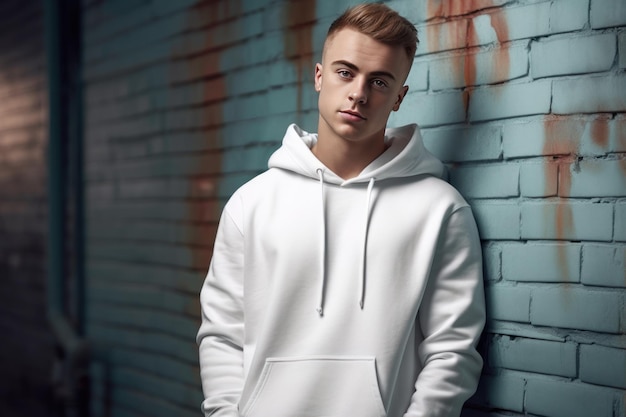 A young man in a white hoodie stands in front of a blue wall.