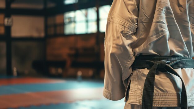Photo a young man in a white karate gi with a green belt stands in a dojo he is looking at the mat which is covered with blue and red mats
