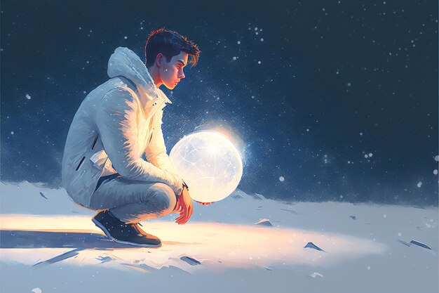 Young man in white looking down at the glowing little planet on the ground digital art style illustration painting fantasy concept of a young man looking at other planet