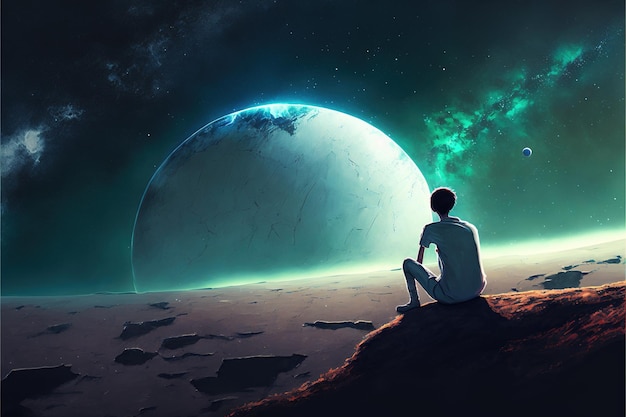 Young man in white looking down at the glowing little planet on the ground digital art style illustration painting fantasy concept of a young man looking at other planet