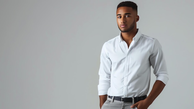 A young man in a white shirt and gray pants poses with his hand in his pocket