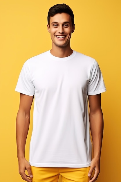 Young man in white shirt mockup on yellow background Tshirt design presentation