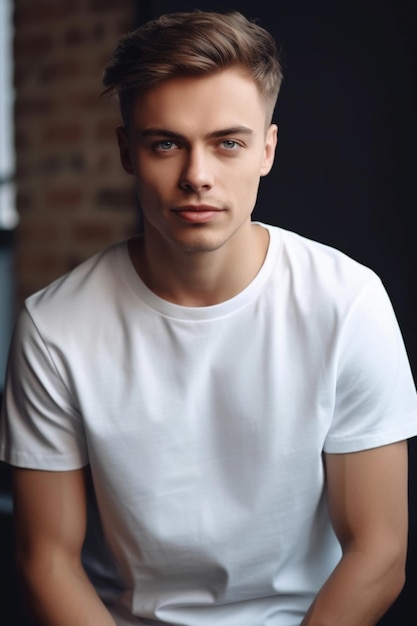 Photo a young man in a white t - shirt sits in a dark room.