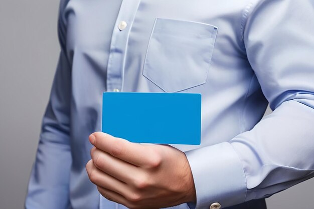 Photo young man who takes out blank business card from the pocket of his shirt