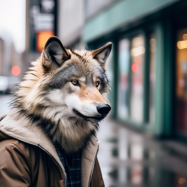 冬のジャケットを着た若い男と犬の街で犬を着た冬の ジャケットを着した若い男