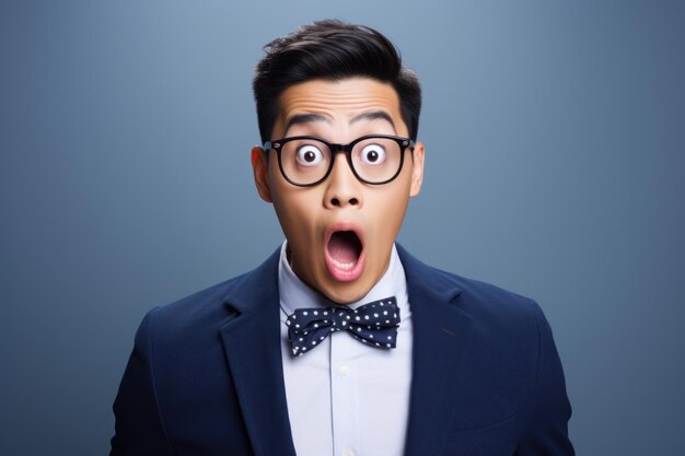 Young man with asian features dressed in suit is shocked solid background