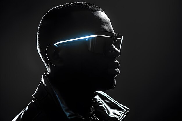 Young man with backlit glasses marking the silhouette Concept technology art