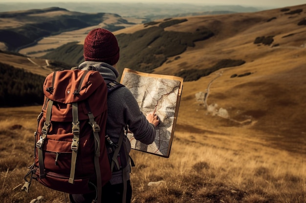 Young man with backpack hiking mountains