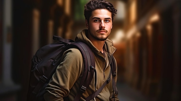 A young man with a backpack on his shoulder looking into the camera