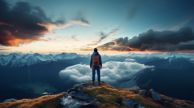 young man with a backpack on a rock