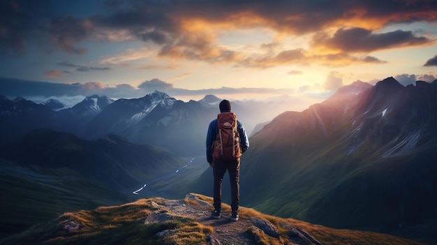 young man with a backpack on a rock