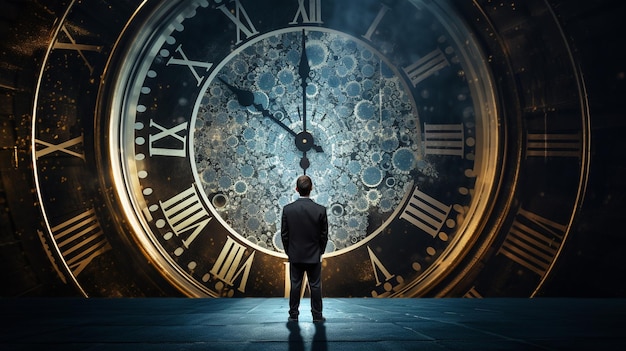 young man with a backpack standing on a big clock