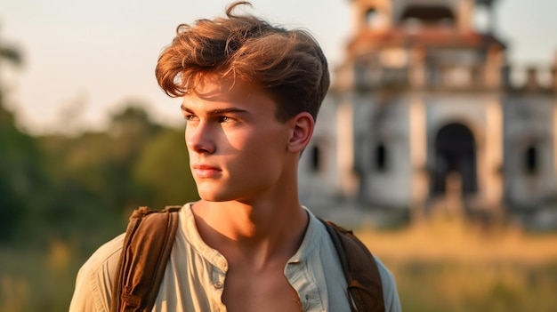 A young man with a backpack stands in front of a building.