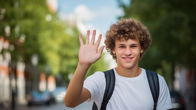 Photo a young man with a backpack that says  he is waving