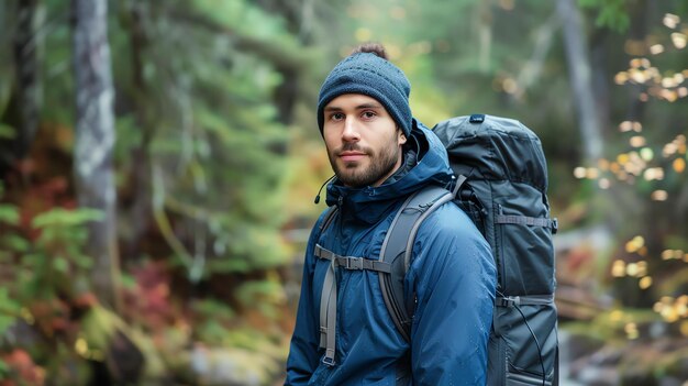 Photo a young man with a beard and a beanie stands in the woods he is wearing a blue jacket and a backpack