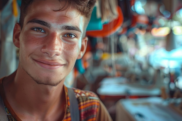 A young man with a beard and blue eyes is smiling