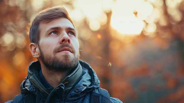 Photo a young man with a beard and brown hair is looking up at something off camera