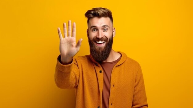 A young man with a beard is counting down while displaying the number one or first and smiling and seeming nice generate ai