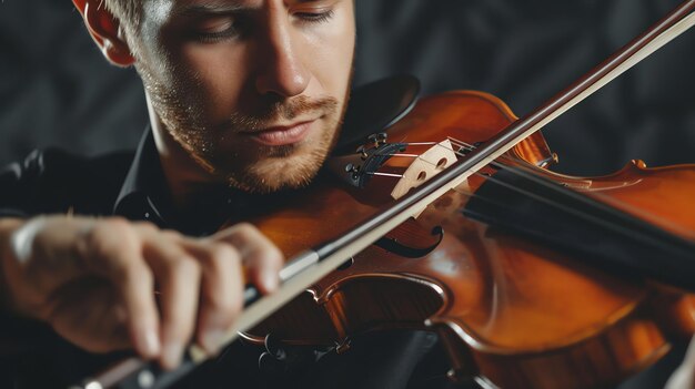 a young man with a beard plays a violin with his eyes closed
