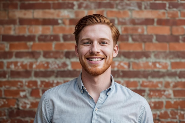 Photo young man with beard smiling in front of brick wall