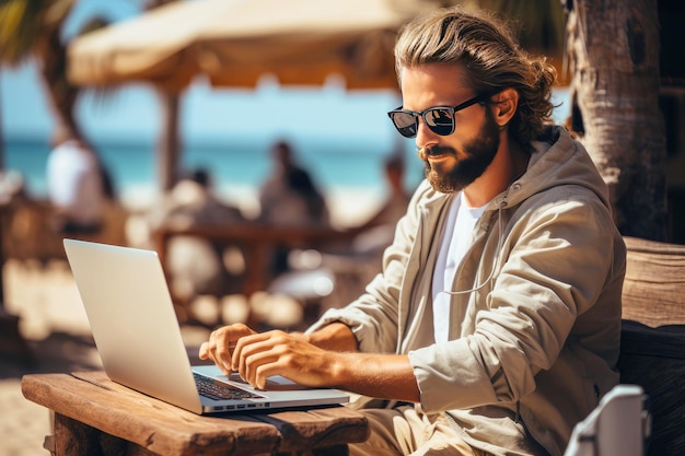 A young man with a beard works on the beach with a laptop Distant work
