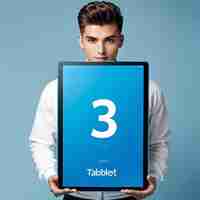 Photo young man with big blue tablet with inscription