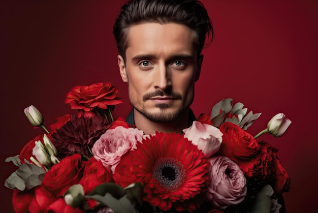 Young man with big flowers bouquet on red background Valentines Day Generative AI