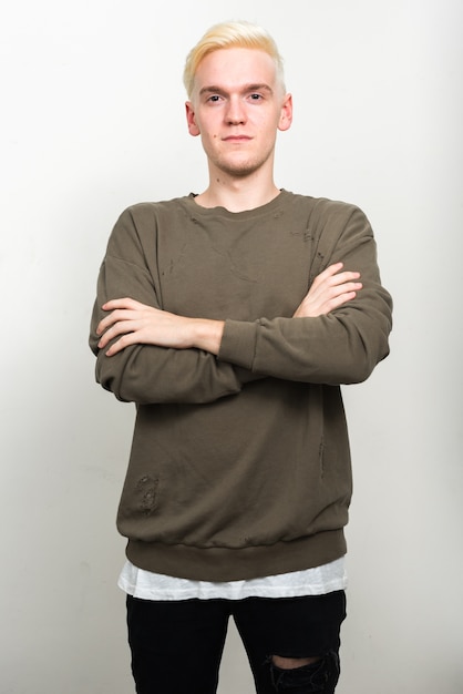 young man with blond hair on white