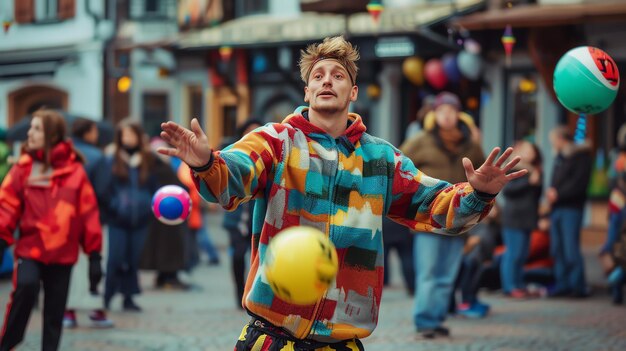 A young man with blonde hair and a colorful jacket is juggling three balls in the air