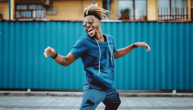 Photo young man with blue dreadlocks dancing reggae in the street