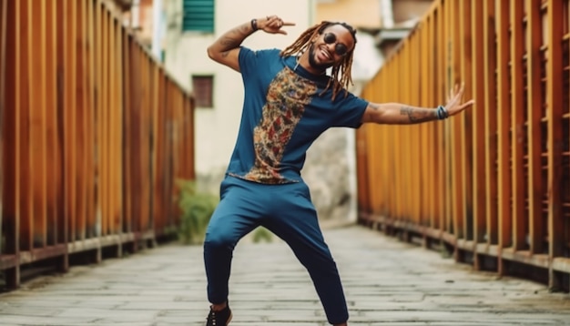 Photo young man with blue dreadlocks dancing reggae in the street