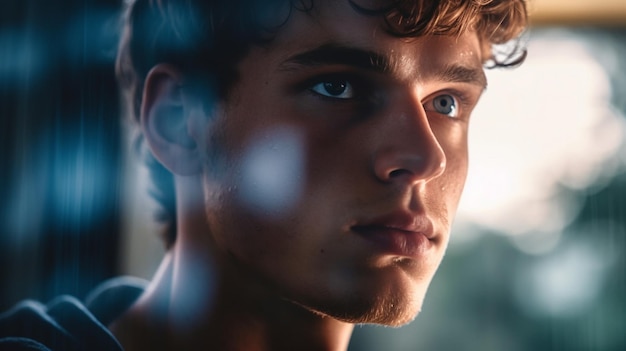 A young man with blue eyes looks into the camera.