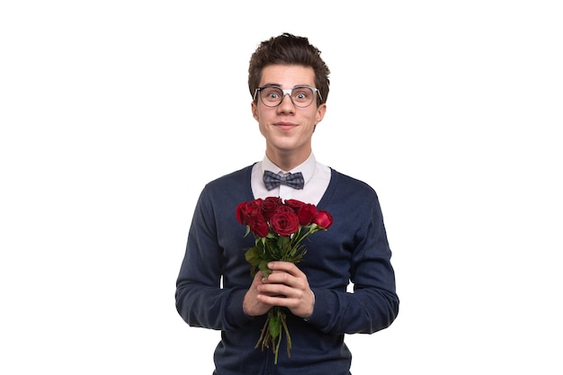 Young man with bouquet of roses