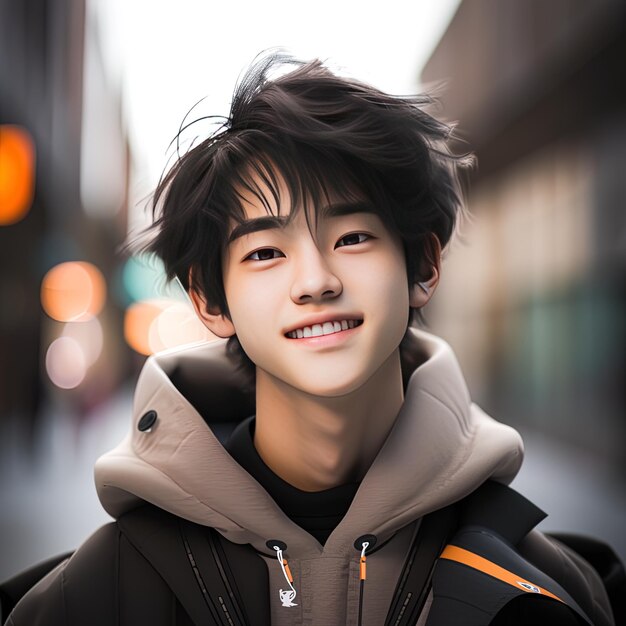 a young man with a brown jacket and a brown hoodie that says  hes smiling