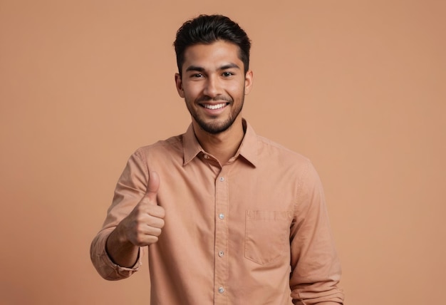 A young man with a casual style and a sincere smile gives a thumbs up indicating approval and