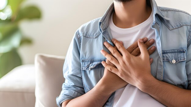 Photo young man with chest pain heart attack patient