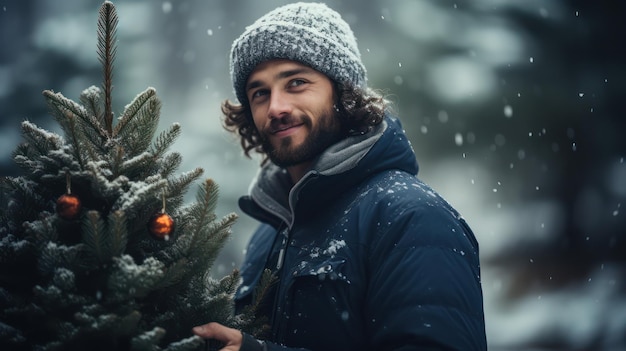 Photo young man with christmas tree