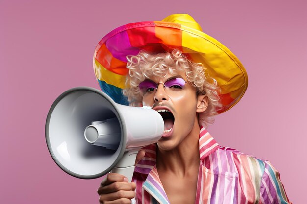 young man with colored rainbow LGBTQ concept multicolor elements