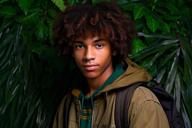 a young man with curly hair and a backpack
