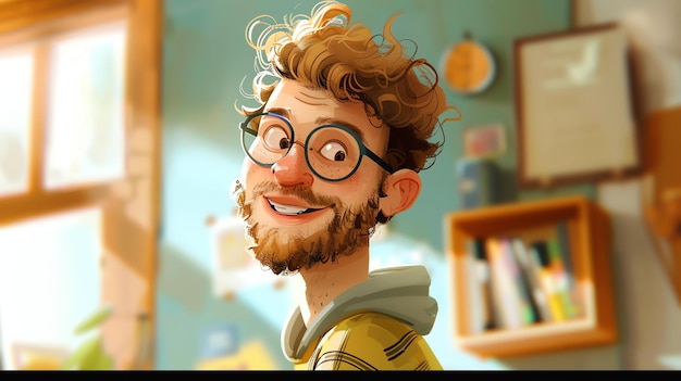 A young man with curly hair and a beard is smiling He is wearing glasses and a yellow shirt