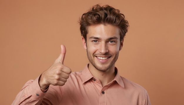 A young man with curly hair flashes a thumbs up and a bright smile wearing a casual salmoncolored