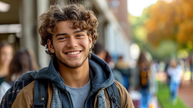 A young man with curly hair smiling directly at the camera